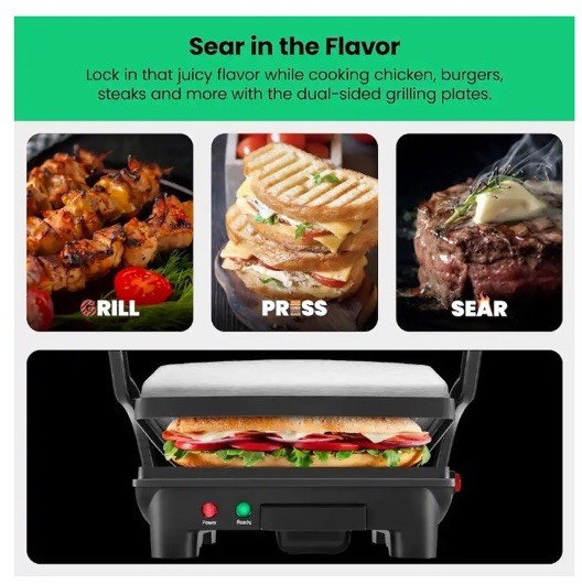 Chefman 3-in-1 Panini Press & Grill,4-Slice Non-Stick,Opens Flat-Stainless Steel