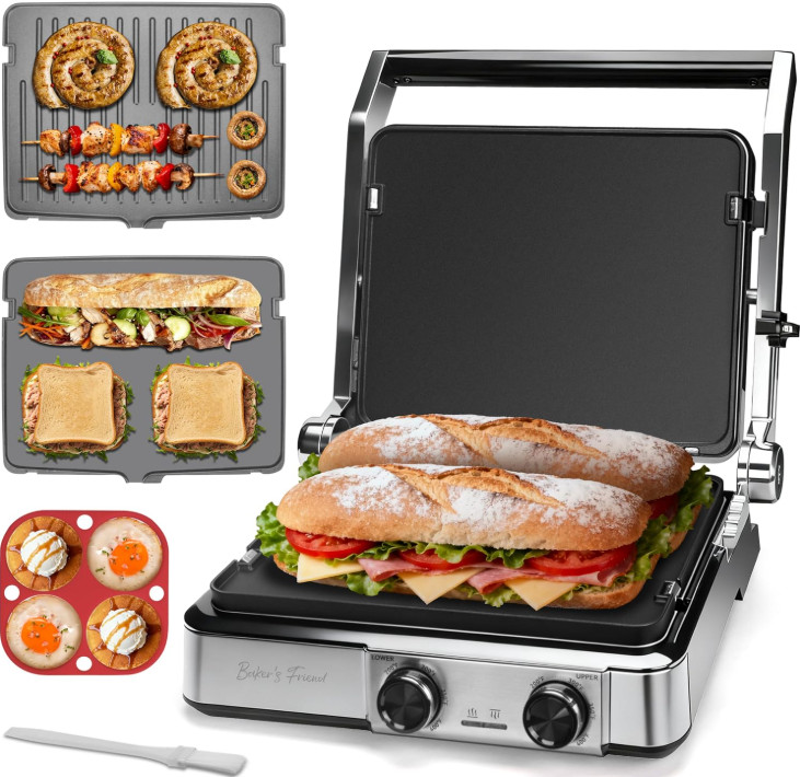 Grill Panini 4 Rebanadas 180° Placas Reversibles Control Temperatura 4en1
