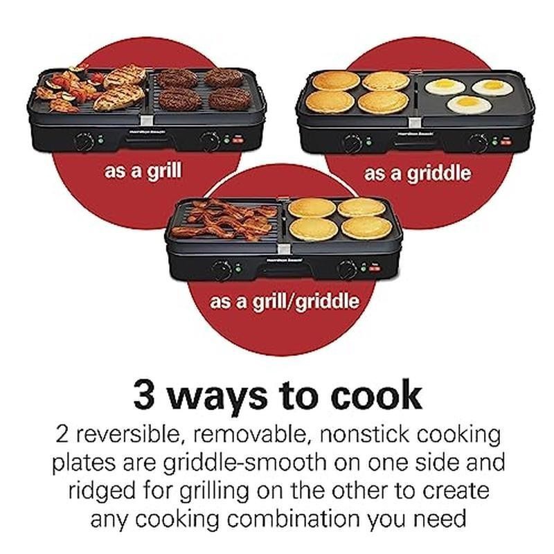 3in1 Electric Grill+Griddle 8-Serving Reversible Nonstick Plates 2 Cooking Zones