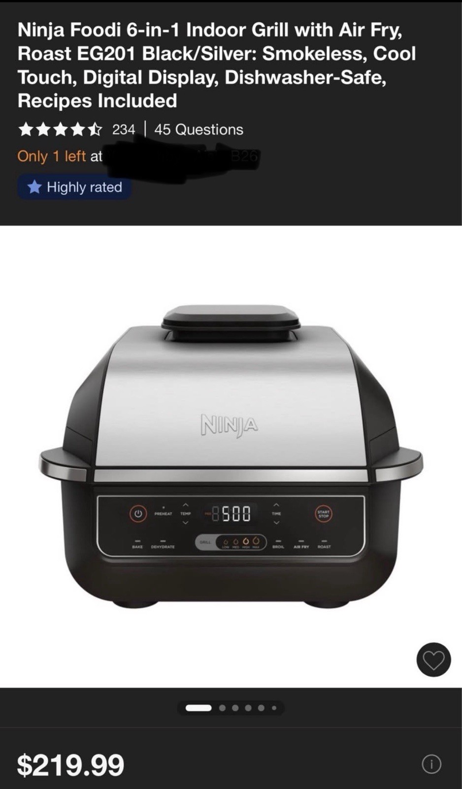 Ninja Foodi 6-in-1 Indoor Grill with Air Fry, Roast EG201 Black/Silver