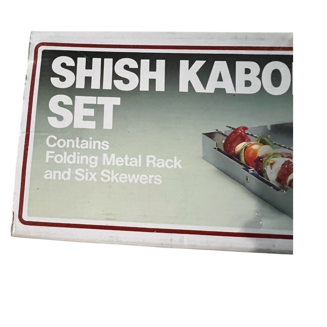 Vintage Fox Run Shish Kabob Set Folding Metal Rack & 6 Skewers 1987 Model 5455