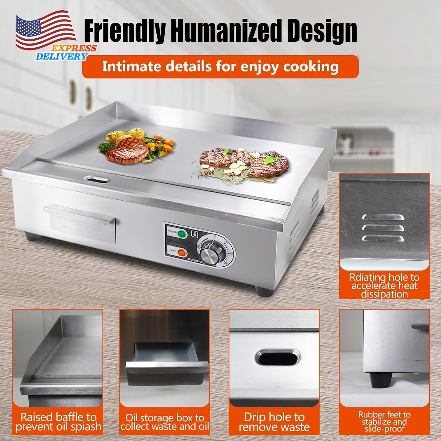 22″ Commercial Electric Griddle,Electric Countertop Flat Top Griddle,110V 1600W