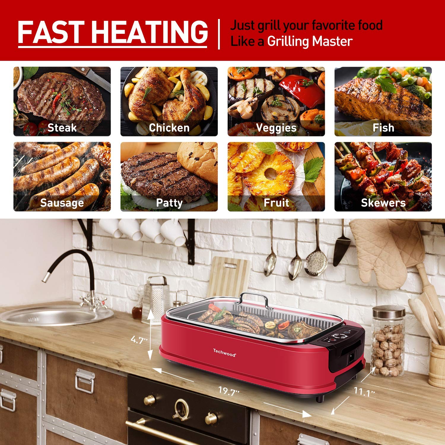 Techwood 1500W Smokeless Indoor Electric Grill, Non-Stick, Temp Control, Dishwas
