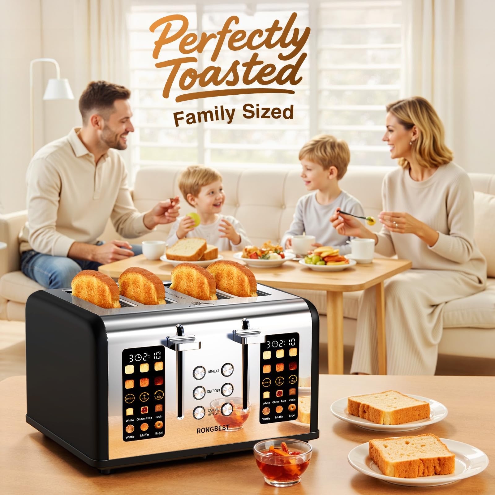 4 Slice Touch Screen Toaster, Easy-to-Use Digital Stainless T-86R-BK, Black