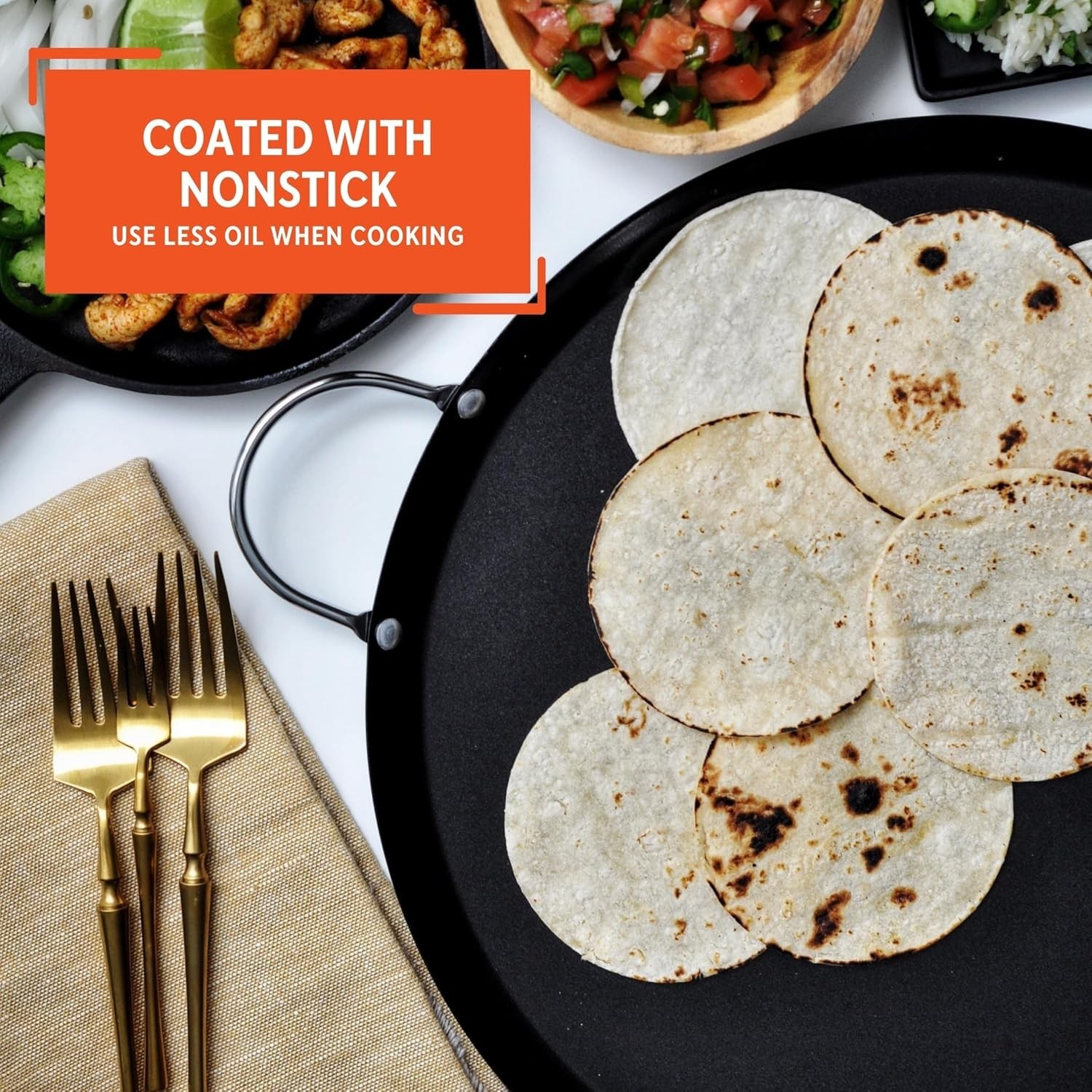Versatile 13.5-Inch Black Nonstick Comal with Chrome Handles for Easy Cooking