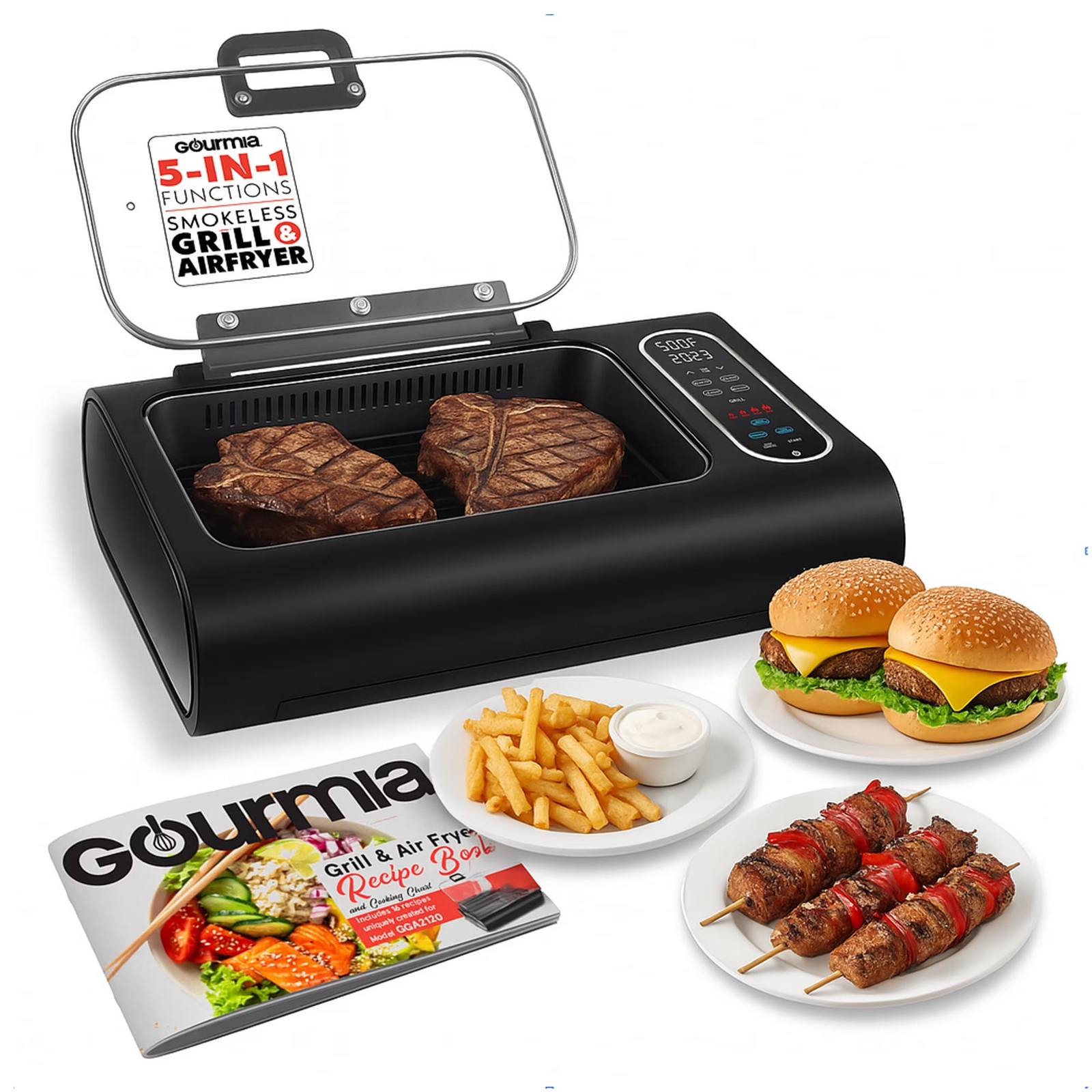 6 Qt Smokeless Indoor Grill & Air Fryer, 5-In-1 Foodstation, Black