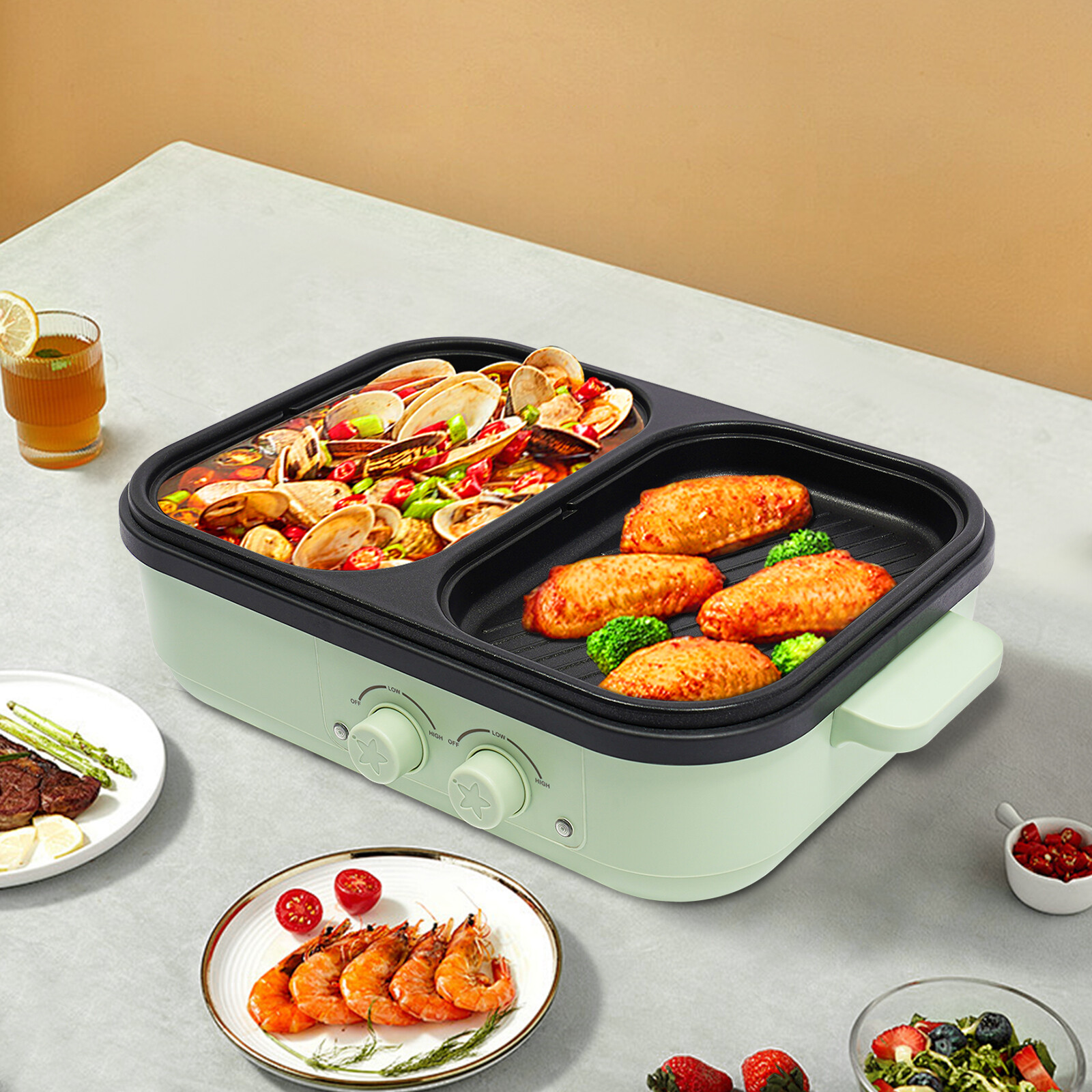 Electric Hot Pot With Grill Area, Multi-purpose Hot Pot, 2-In-1 Electric Hot Pot