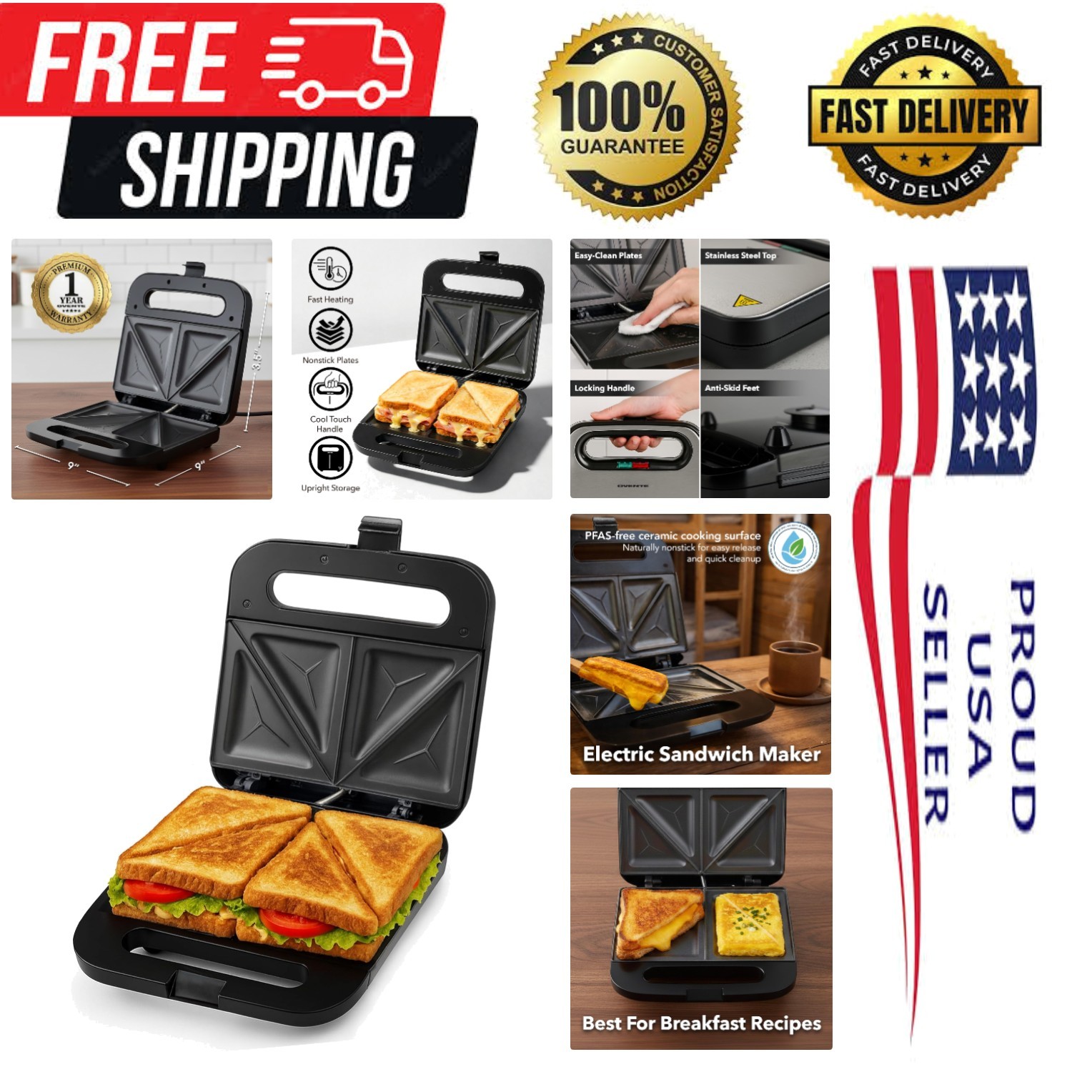 Compact Electric Sandwich Maker with Non-Stick Cooking Plates & Indicator Lights