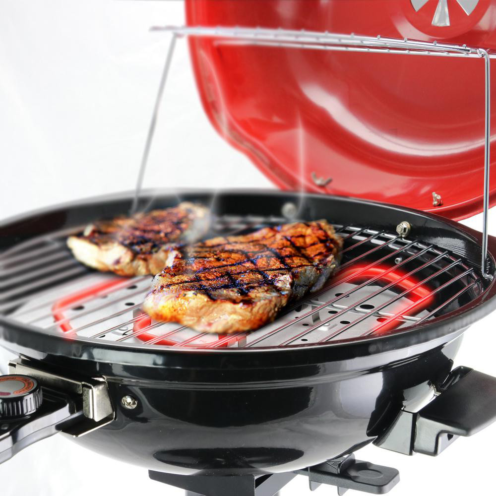 Red Electric Barbecue Grill With 4 Heat Settings Adjustable Thermostat 15 in.