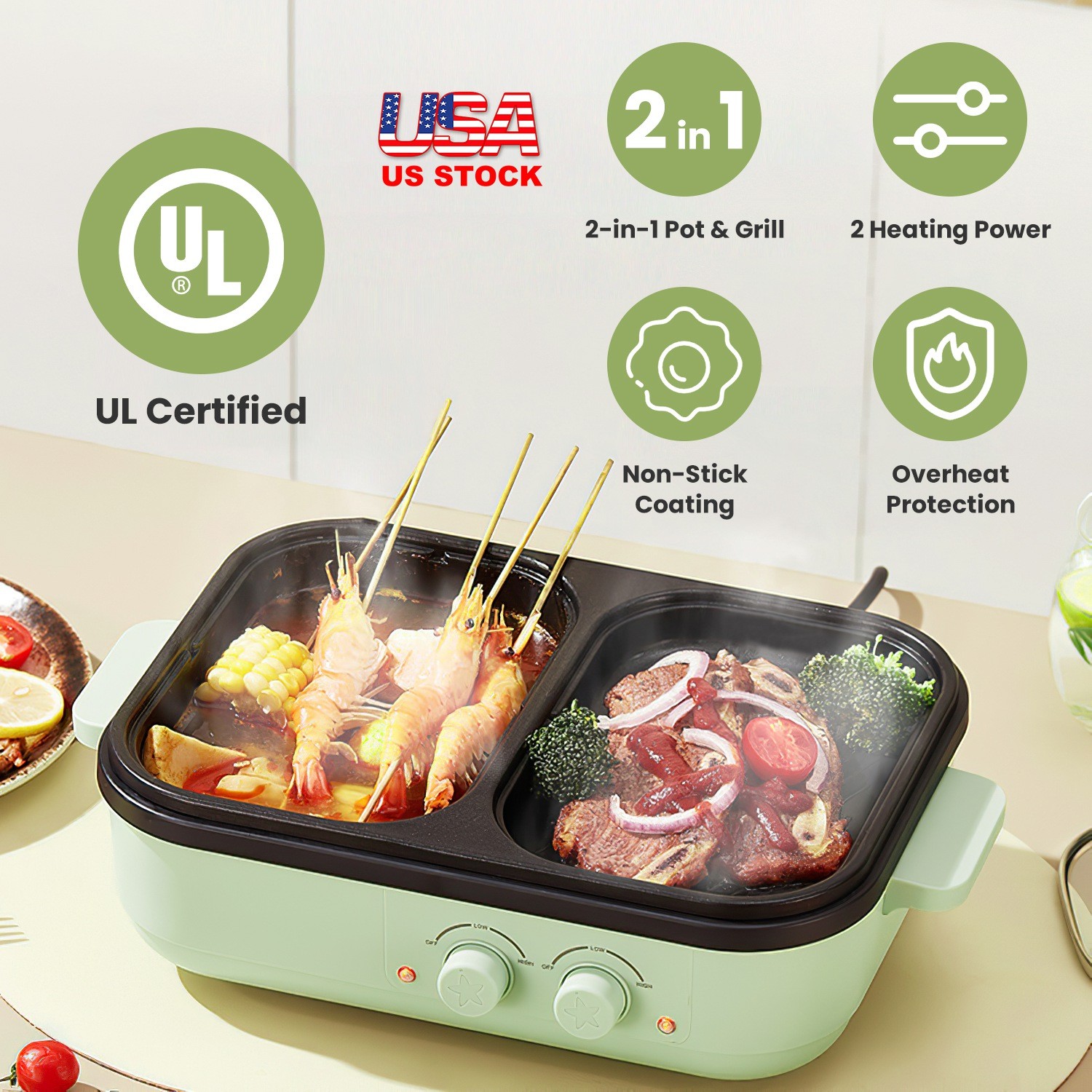 Electric Hot Pot w/ Grill Model&Glass Lid Fast Heating Cooker Serving 1-2 People