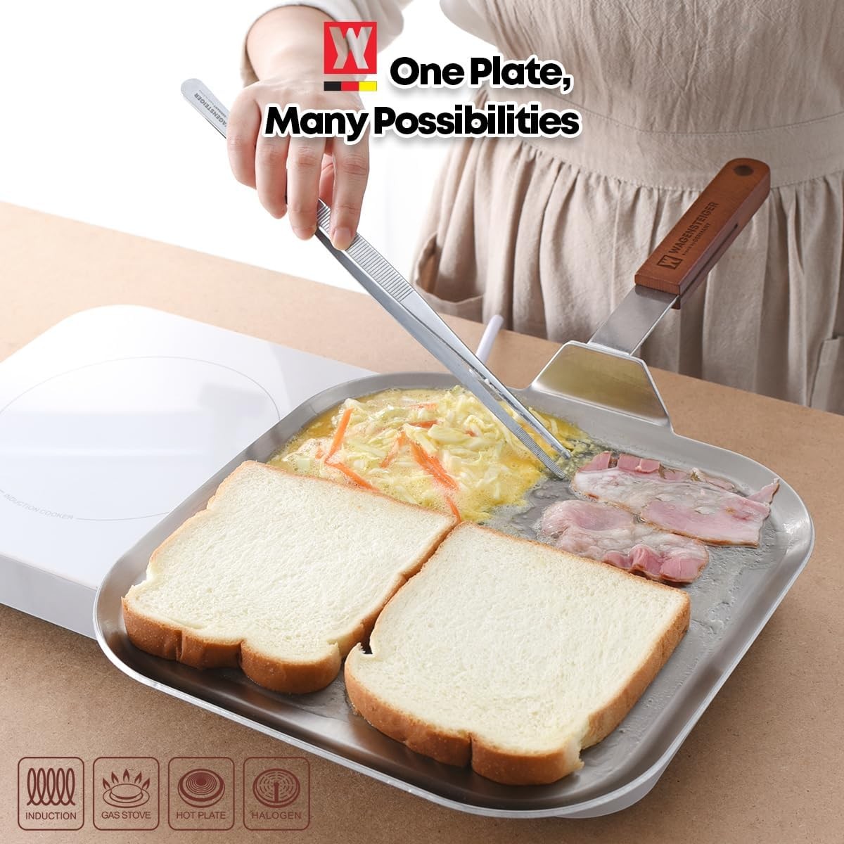 Wagensteiger Stainless Steel Square Griddle Pan/Plate Wooden Handle 3-Ply