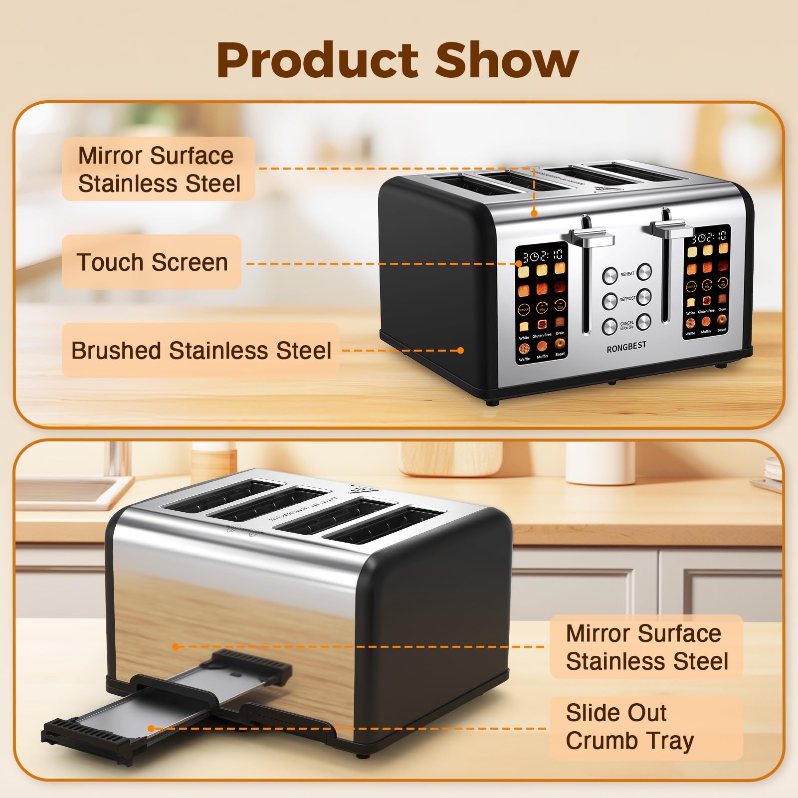4 Slice Touch Screen Toaster, Easy-to-Use Digital Stainless T-86R-BK, Black