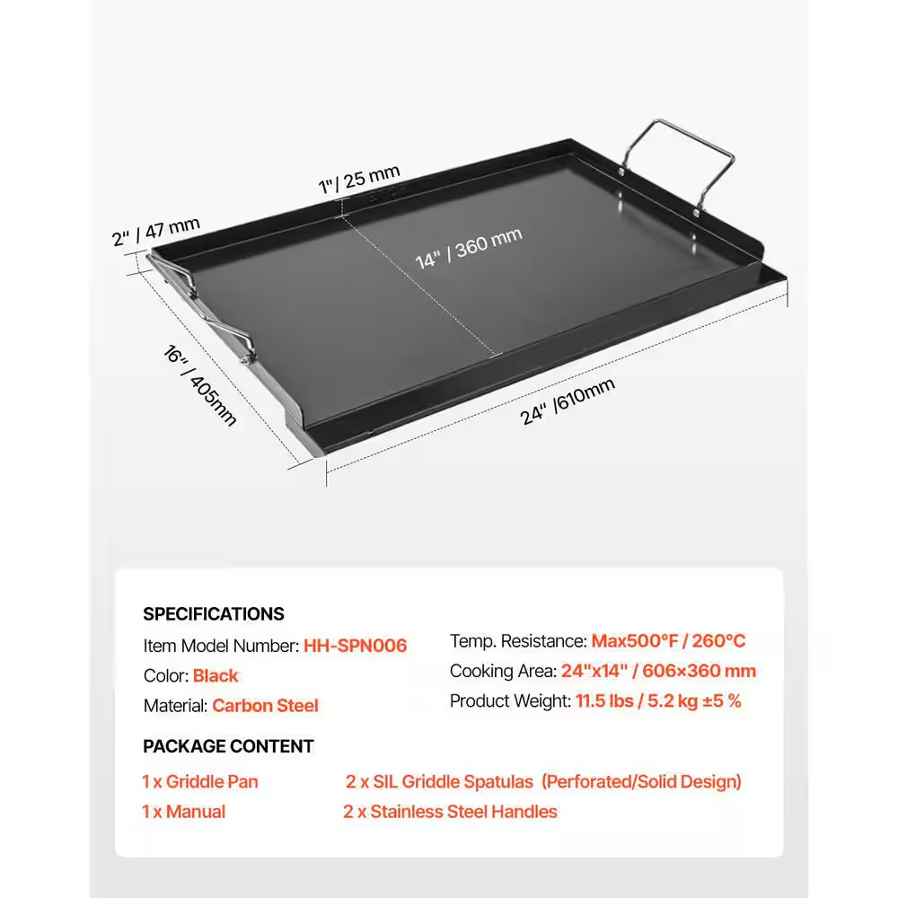 Carbon Steel Griddle, 16 X 24In.Griddle Flat Top Plate, Griddle for BBQ Charcoal