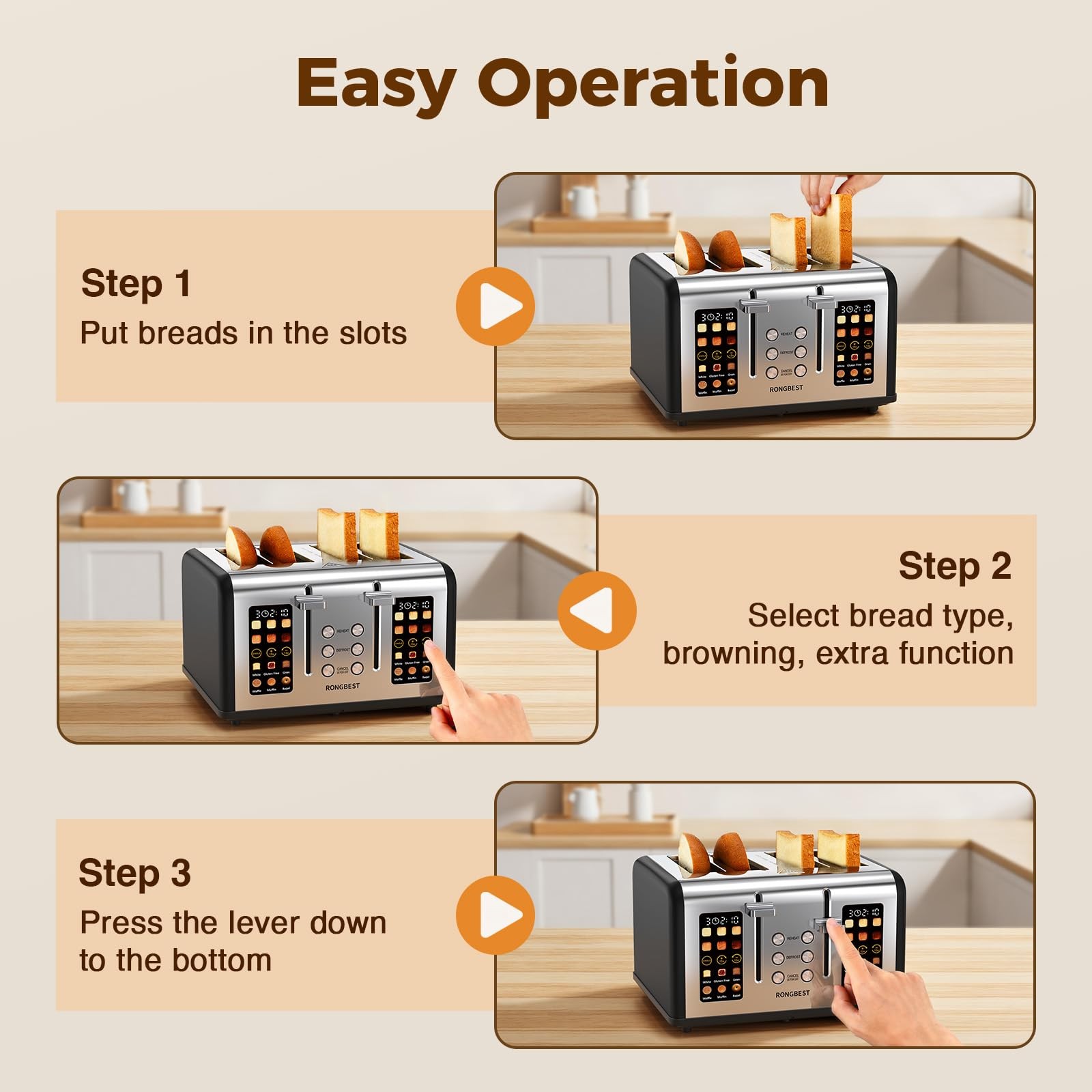 4 Slice Touch Screen Toaster, Easy-to-Use Digital Stainless T-86R-BK, Black