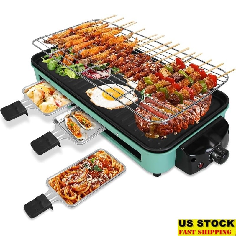 2 in 1 Electric Grill Smokeless Non Stick Tabletop BBQ Raclette W/ 3 Pans New