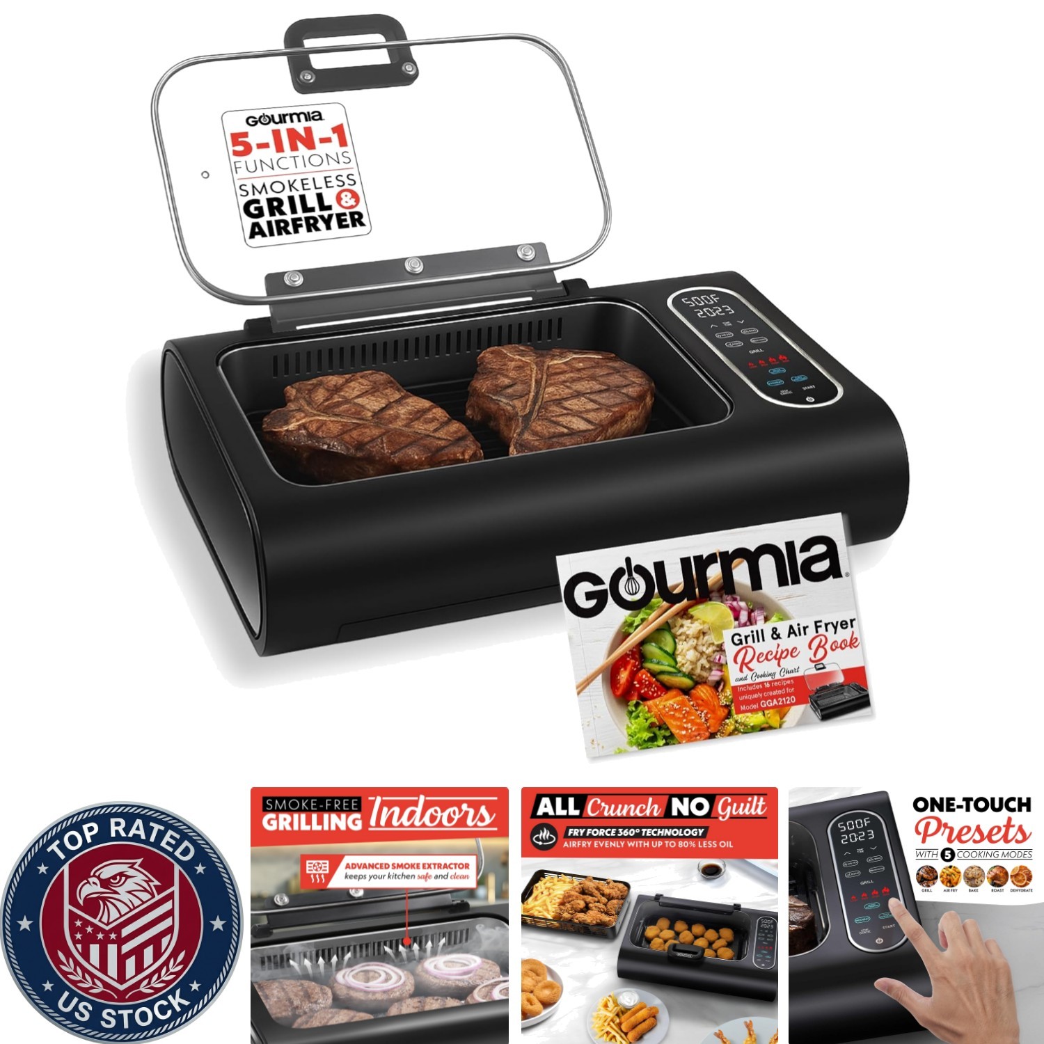 Compact Smokeless Indoor Grill with 5 Cooking Functions & Digital Touch Controls