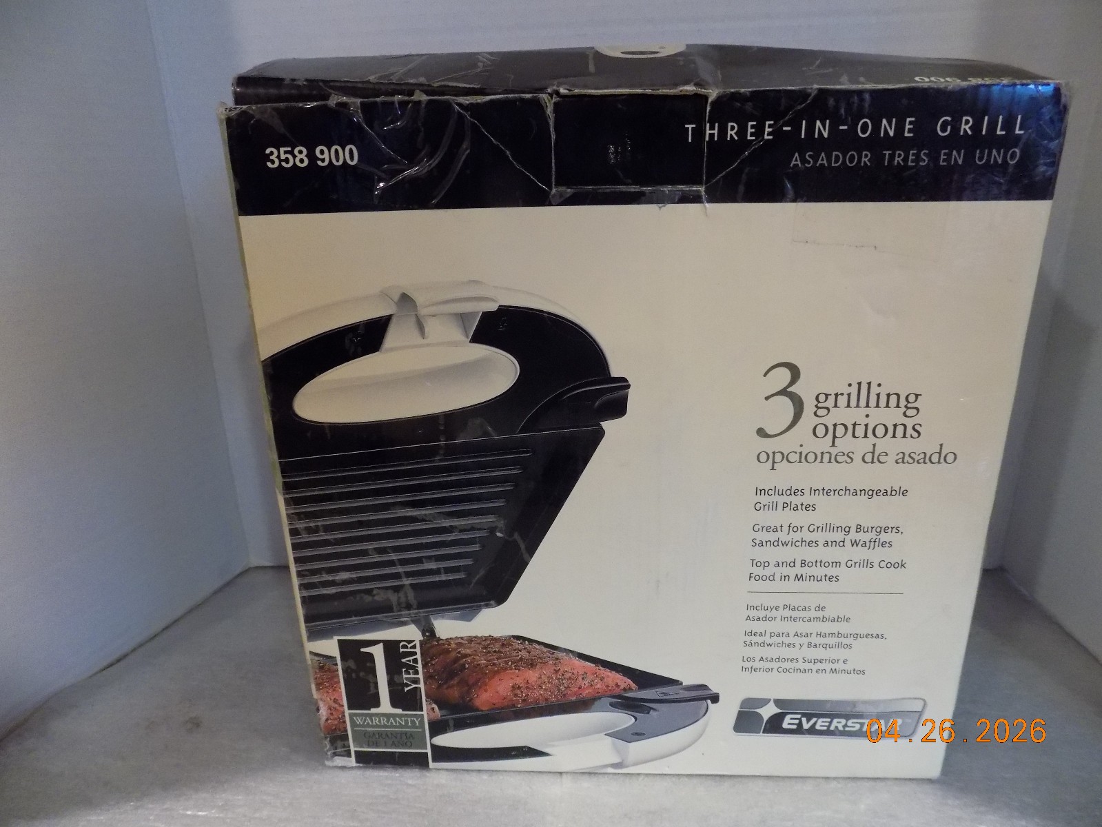 Everstar Three–In-One Grill Model 358 900 w/ 3 Interchangeable Grill Plates