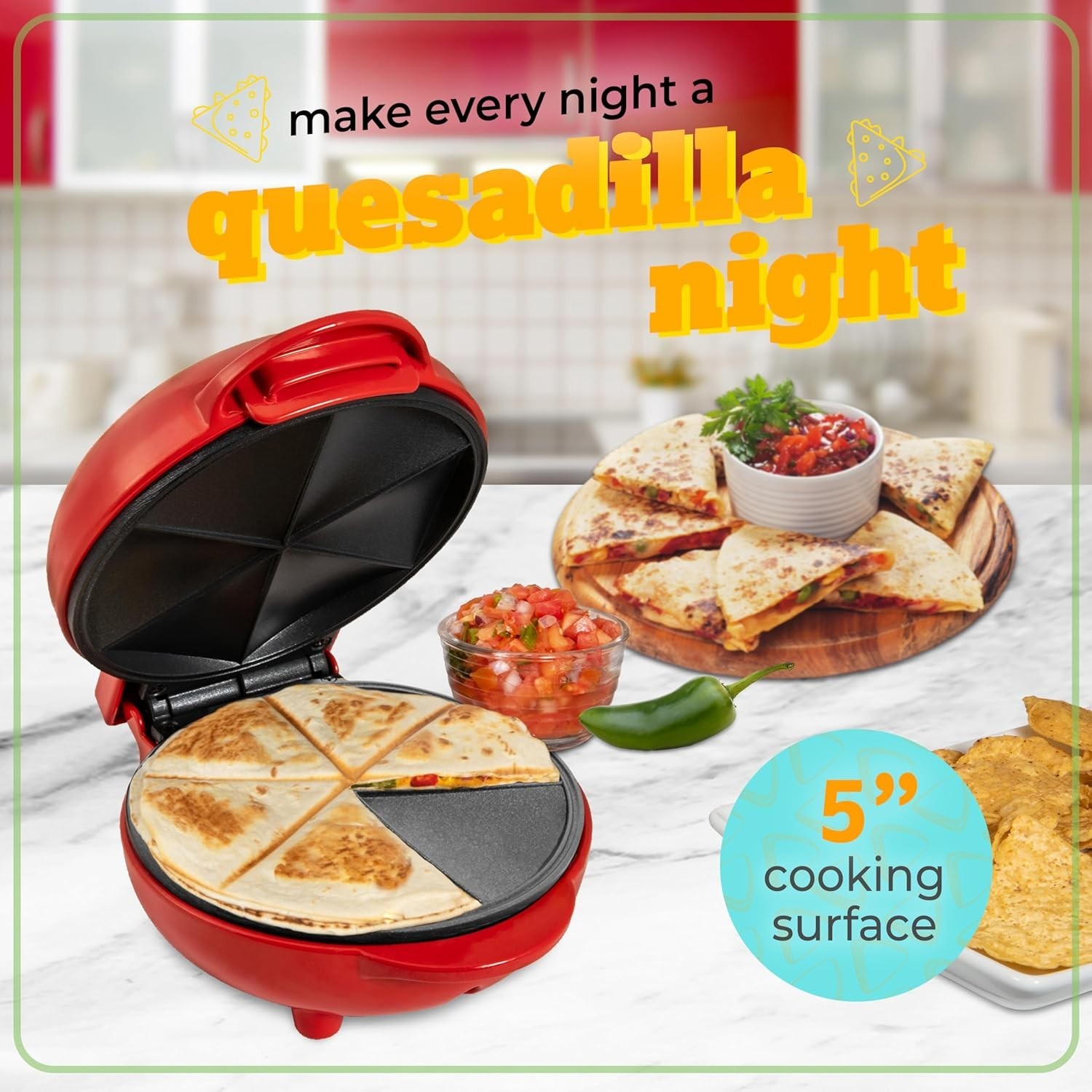 Red 5-Inch Quesadilla Maker with Non-Stick Coating, 6-Wedge Cooking Surface