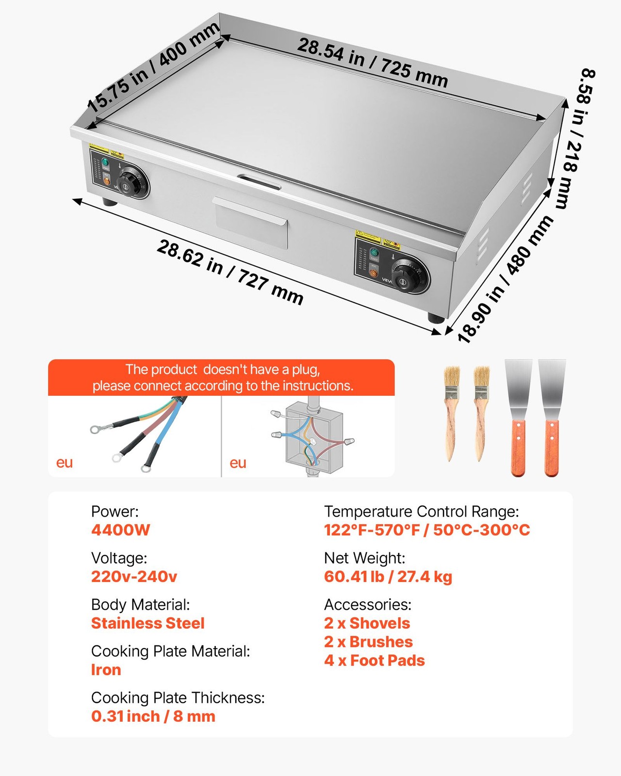 Stainless Steel Electric Griddle 28.5×15.8in, 4400W, Temp-Controlled