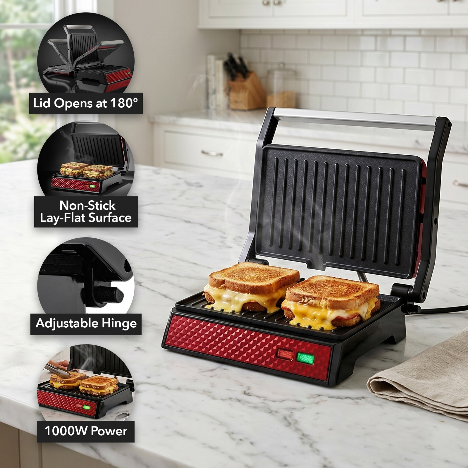 OVENTE Electric Indoor Panini Press Grill + Sandwich Maker, Red GP0620R | Opens