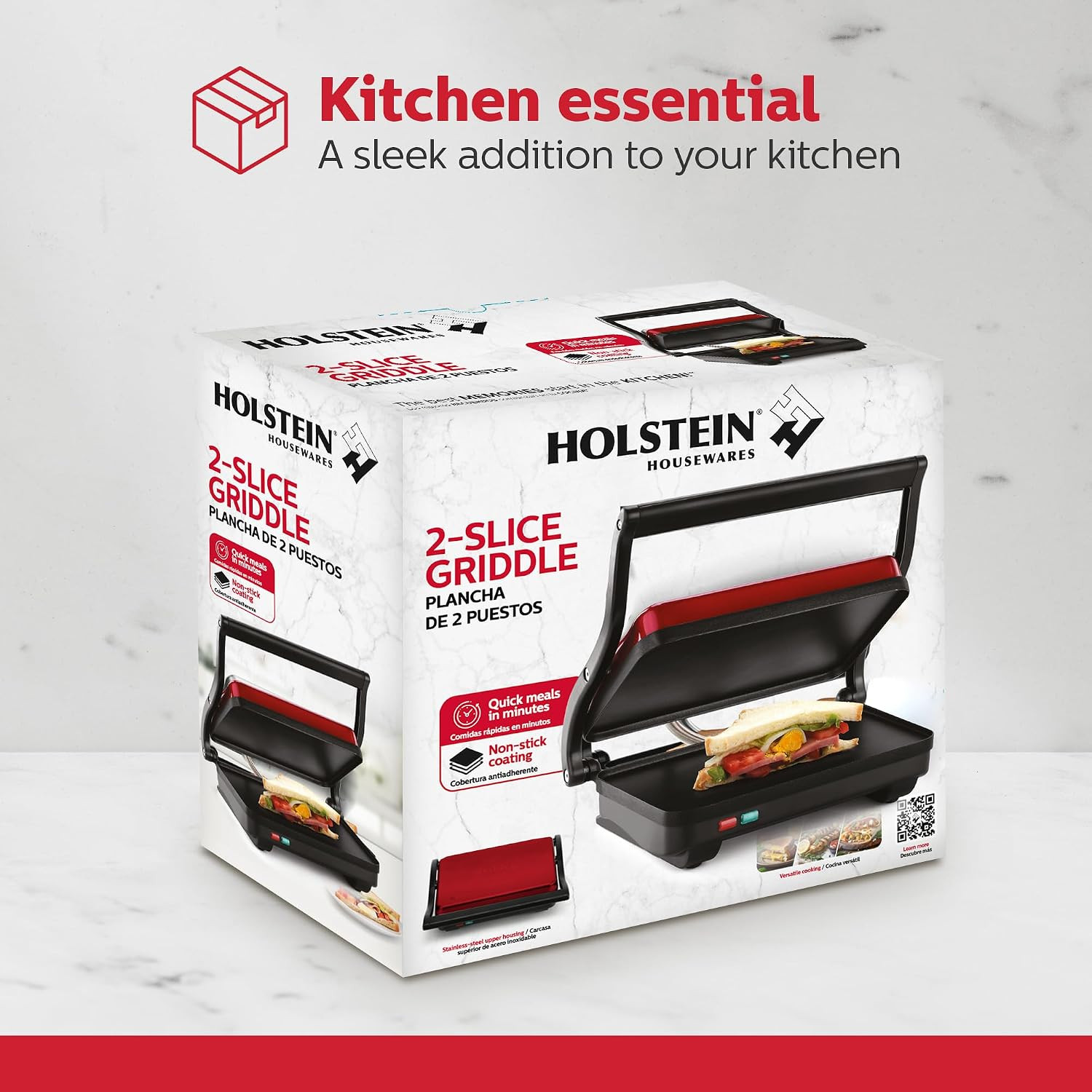Holstein Housewares 2-Slice Electric Griddle, Non-Stick Sandwich Maker with Adju