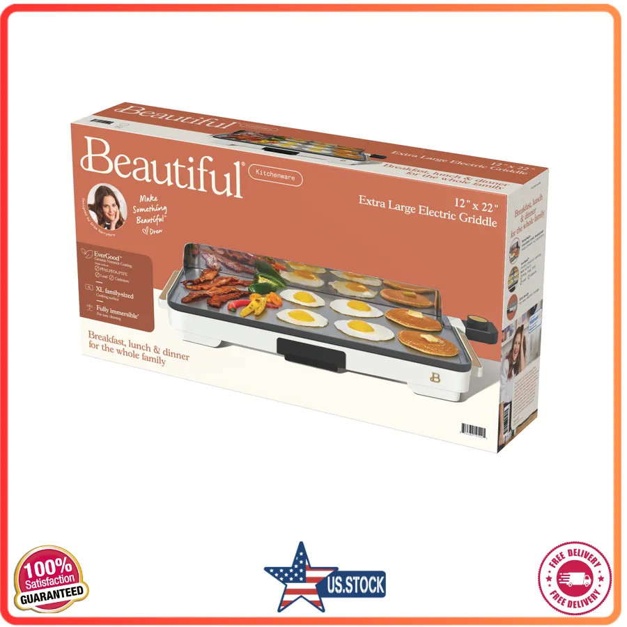 Beautiful Drew Barrymore XL Electric Griddle 12 x 22 Nonstick White Icing