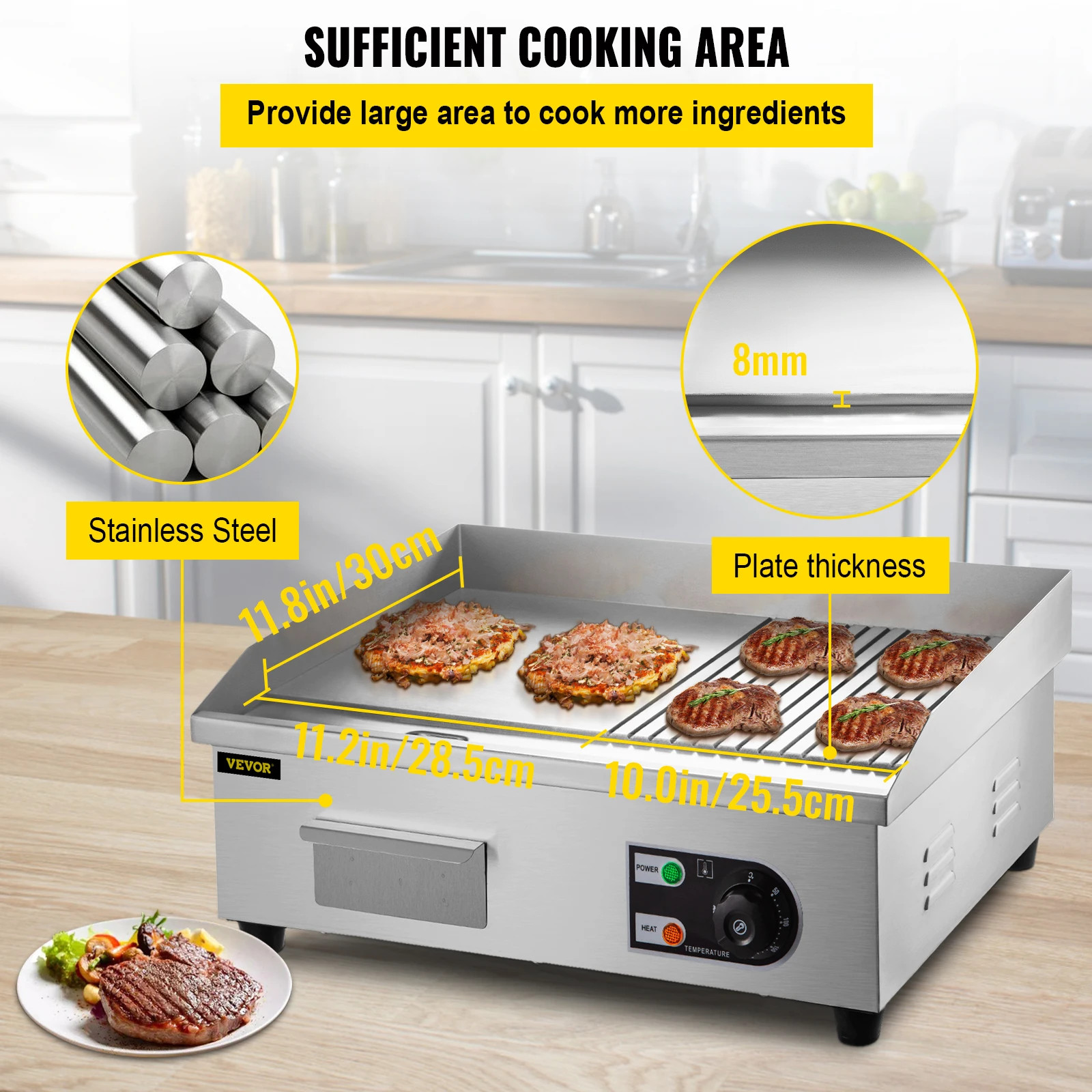 14″-22″ Electric Countertop Griddle 1600W/3200W Stainless Steel Teppanyaki Grill