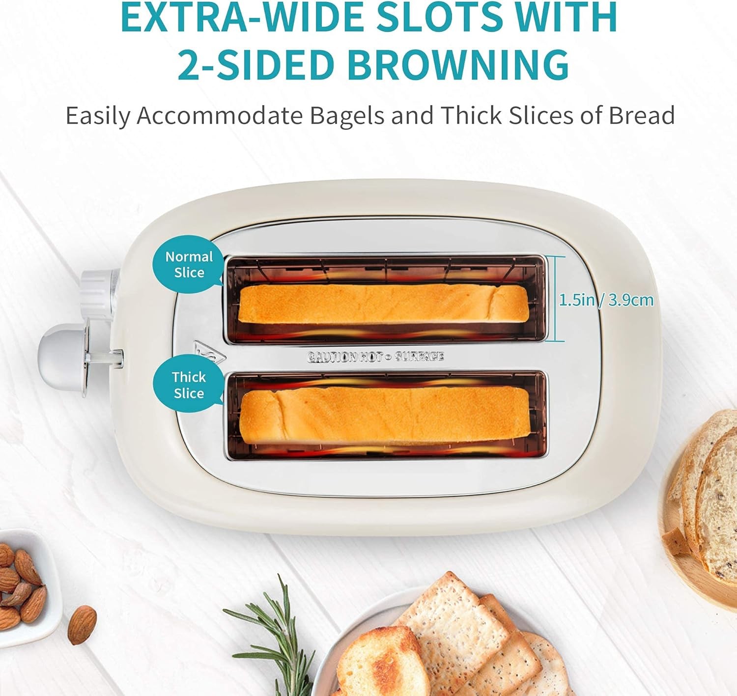 Ultrean Toaster 2 Slice with Extra-Wide Slot for Toasting Bagels, Cream