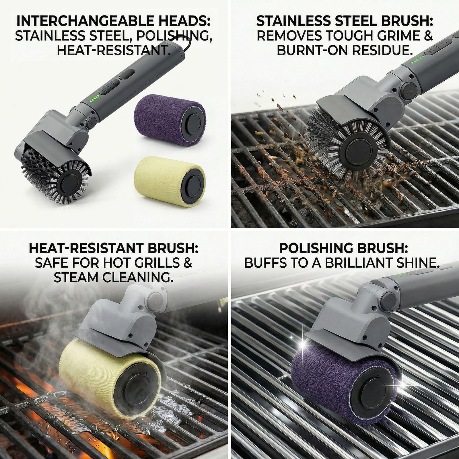 Lenzhan Electric Grill Brush 3-in-1 Kit – Cordless BBQ Cleaner Light Gray