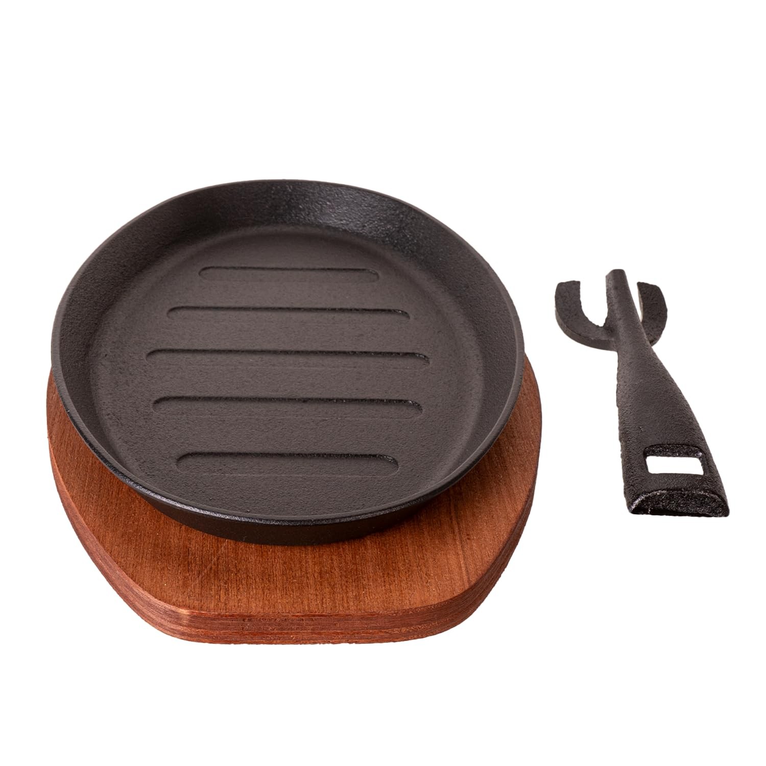 Cast Iron Steak Plate Sizzle Griddle Wooden Base Fajita Pan Oval 10 Inch