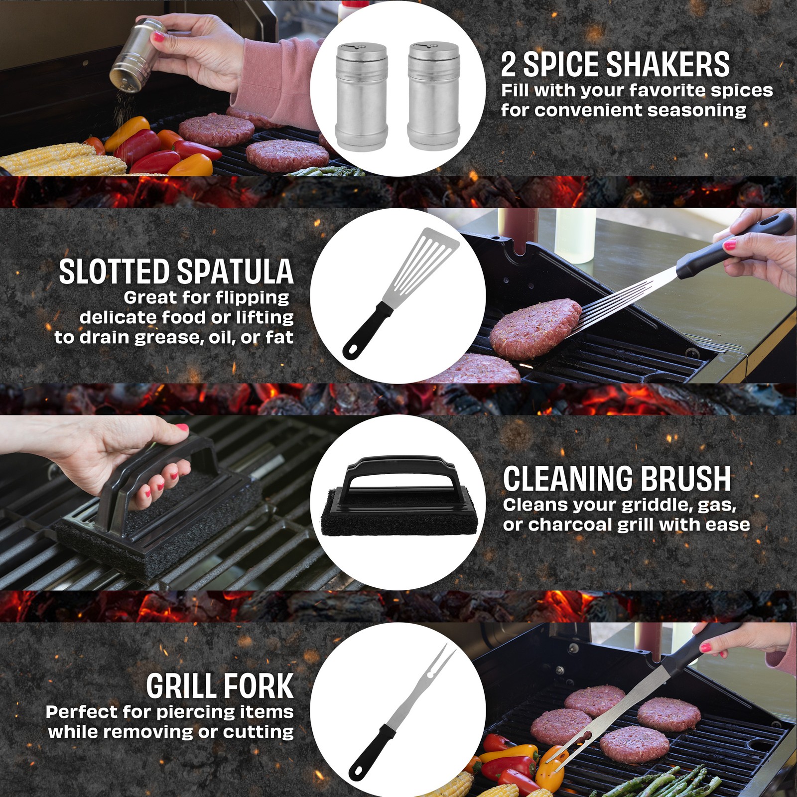 Griddle Accessories 28PC Grill Set with Spatulas, Tongs, Cleaner, Dome, and Bag