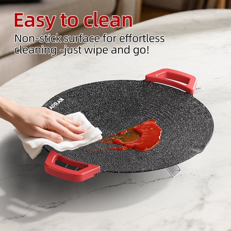 AORAN Electric Round Grill Griddle 14in 1200W Nonstick Temp Control Black/Red
