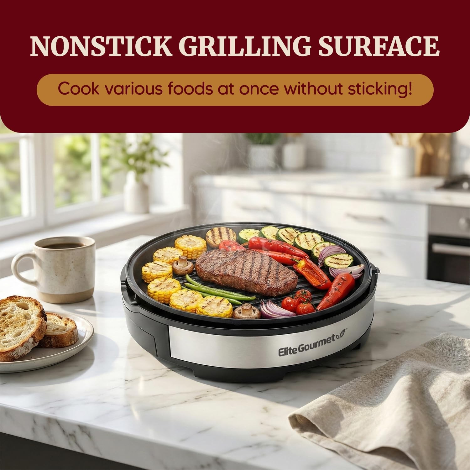 Elite Gourmet EMG6505G Smokeless Indoor Electric BBQ Grill with Glass Lid, Dishw