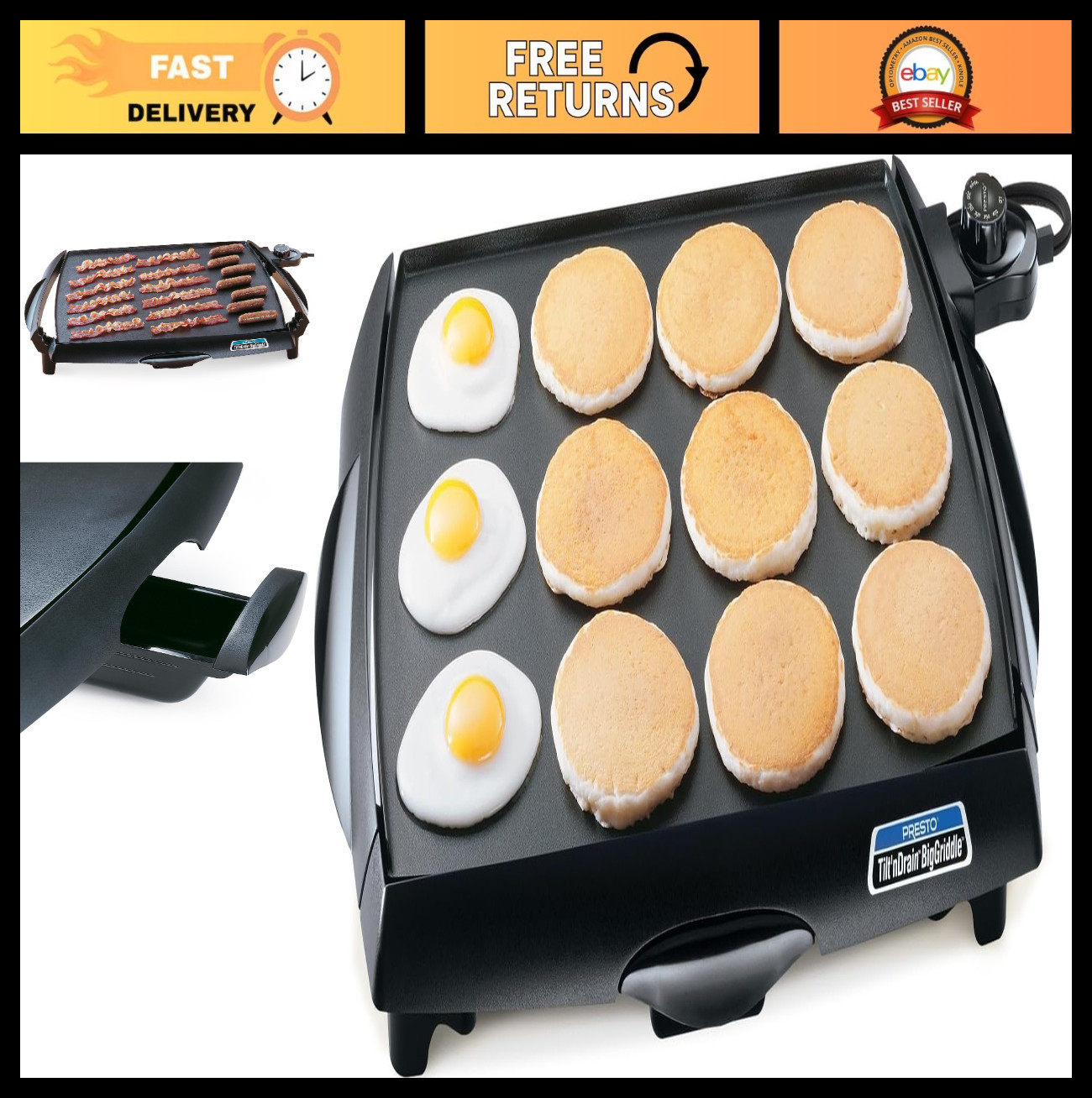 Cool-Touch Electric Griddle, Large Non-Stick Cooking Surface, Tilt ‘n Drain Desi