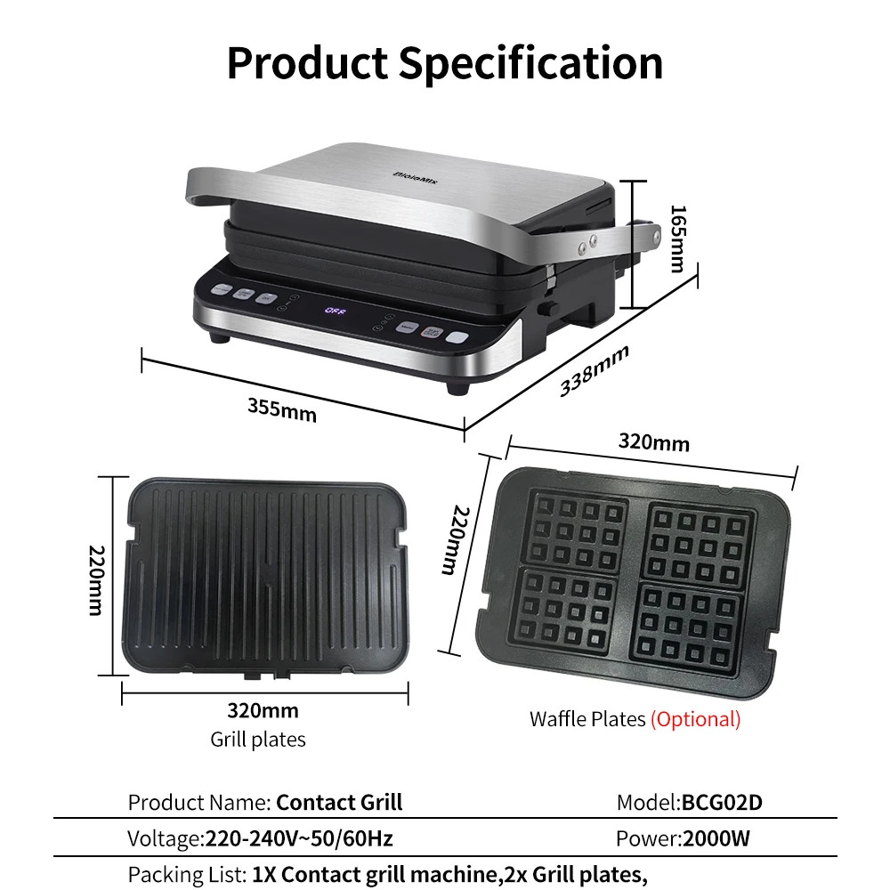 2000W Electric Contact Grill Digital Griddle and Panini Press, Optional Waffle M