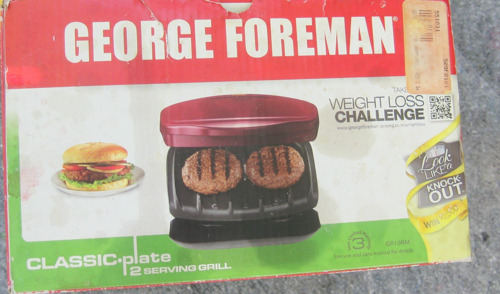 NEW OPEN BOX George Foreman 2-Serving Classic Electric Grill, GR10RM, Red