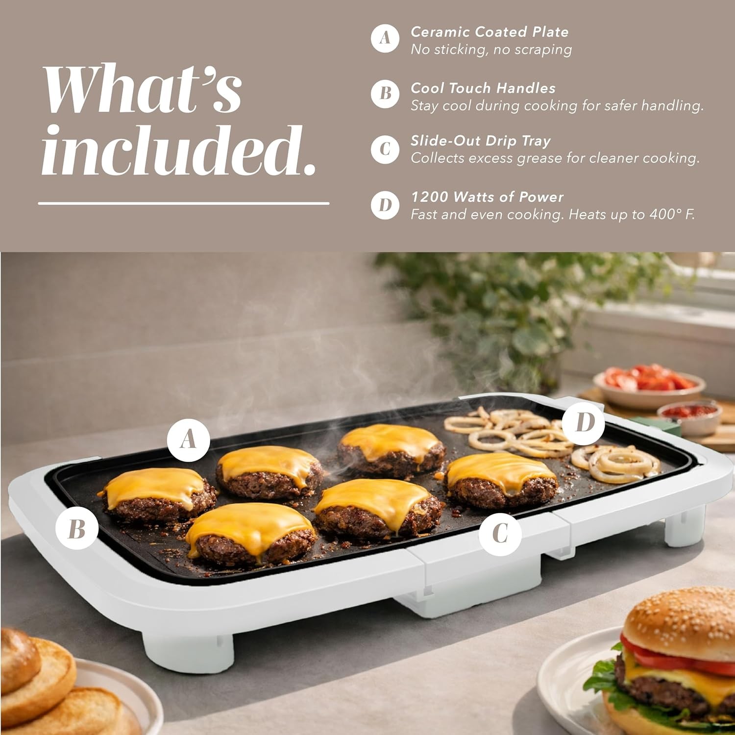 Electric Griddle, 1200W Nonstick 10″ x 16″ Cooking Surface, Cream