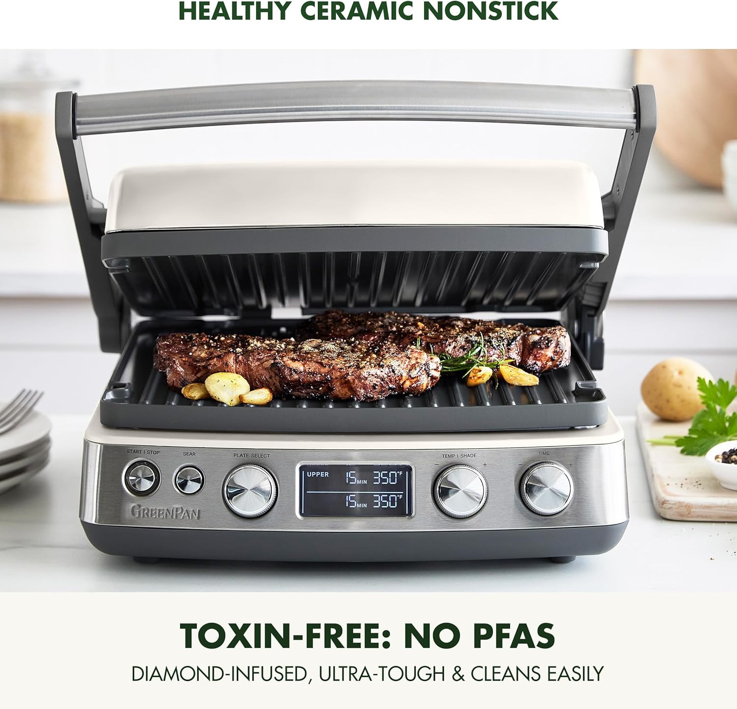 Elite 7-in-1 Nonstick Contact Grill & Griddle, PFAS-Free, Cream White