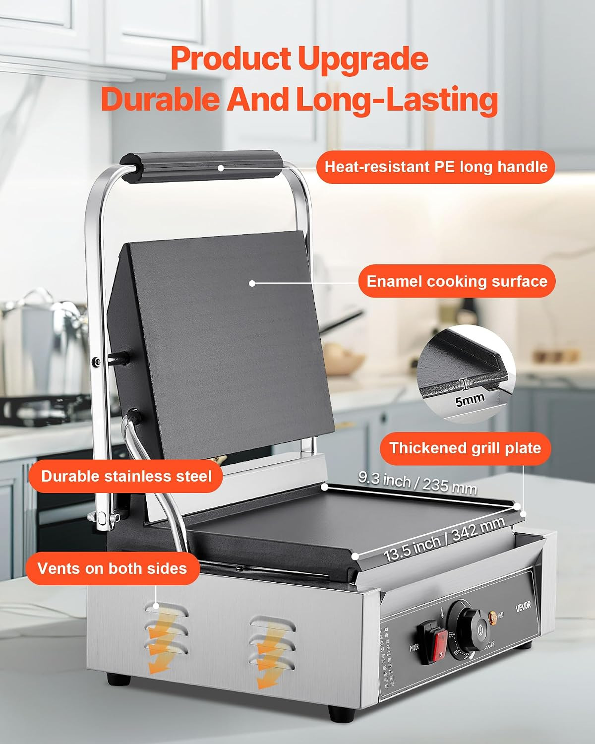 Commercial Panini Grill, 1800W Electric Sandwich Panini Maker, Stainless Steel S