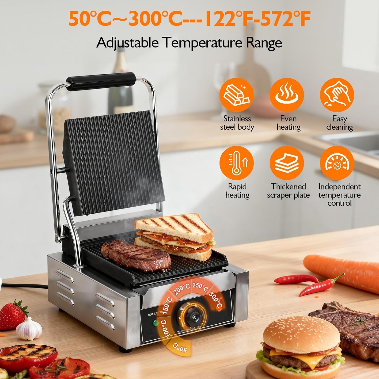 1800W Indoor Electric Grill Double-Sided Griddle 50-300°C Adjustable Temperature