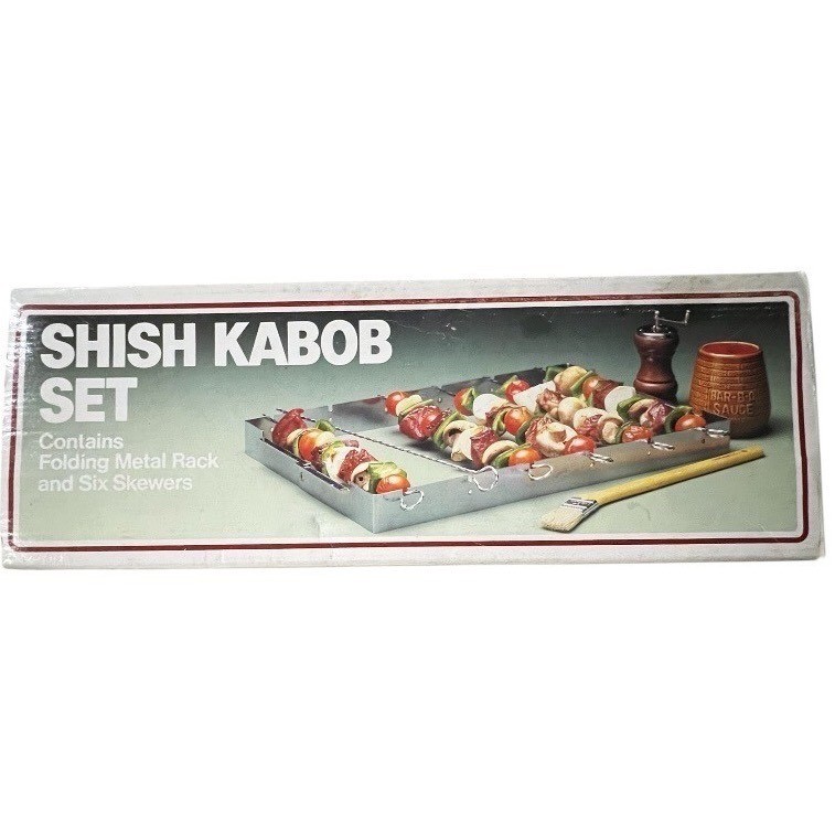 Vintage Fox Run Shish Kabob Set Folding Metal Rack & 6 Skewers 1987 Model 5455