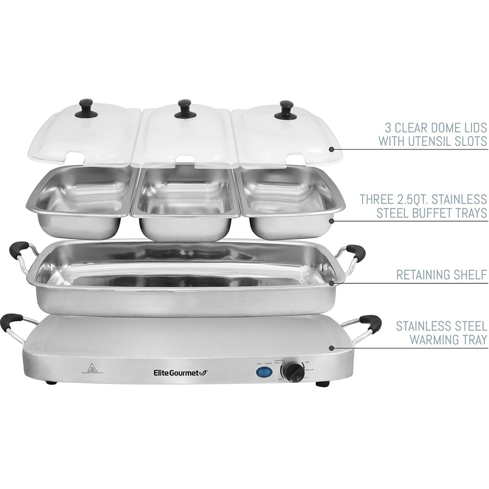 Elite Gourmet 7.5-Qt Triple Buffet Server and Warming Tray, Stainless Steel