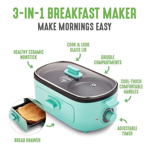 GreenLife 3-in-1 Breakfast Maker Station, Healthy Ceramic Nonstick Dual Gridd…