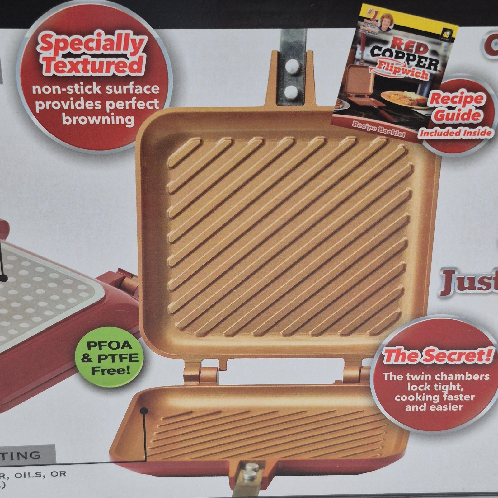 New open box Red Copper Flipwich Non-Stick Stovetop Panini & Sandwich Maker