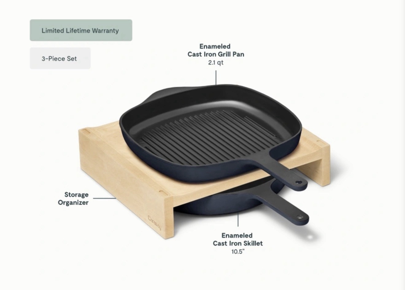 Caraway Home Enameled Cast Iron Skillet & Grill Pan Navy With Storage