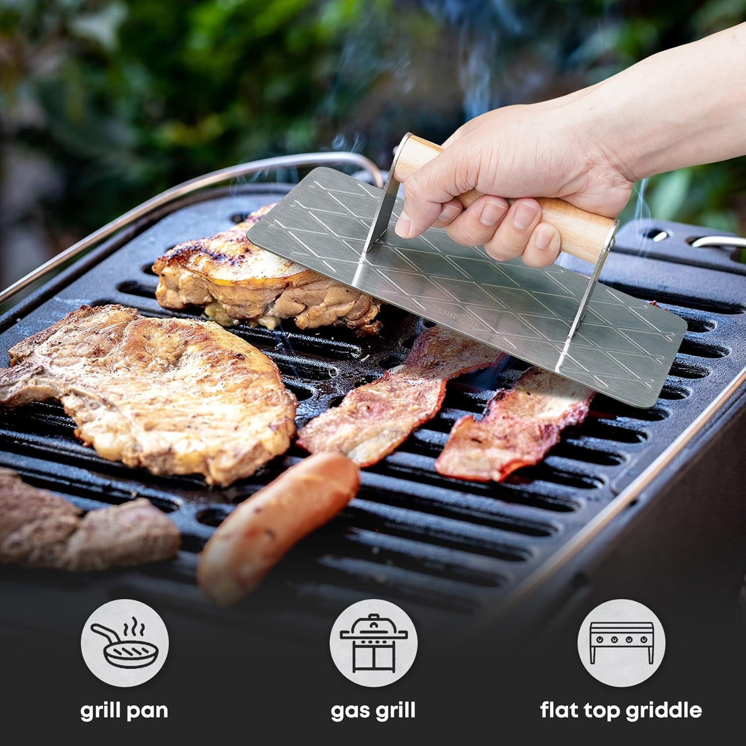 Stainless Steel Bacon Press for Griddle, 9” X 4.5”Rectangular Grill Press BBQ Pr