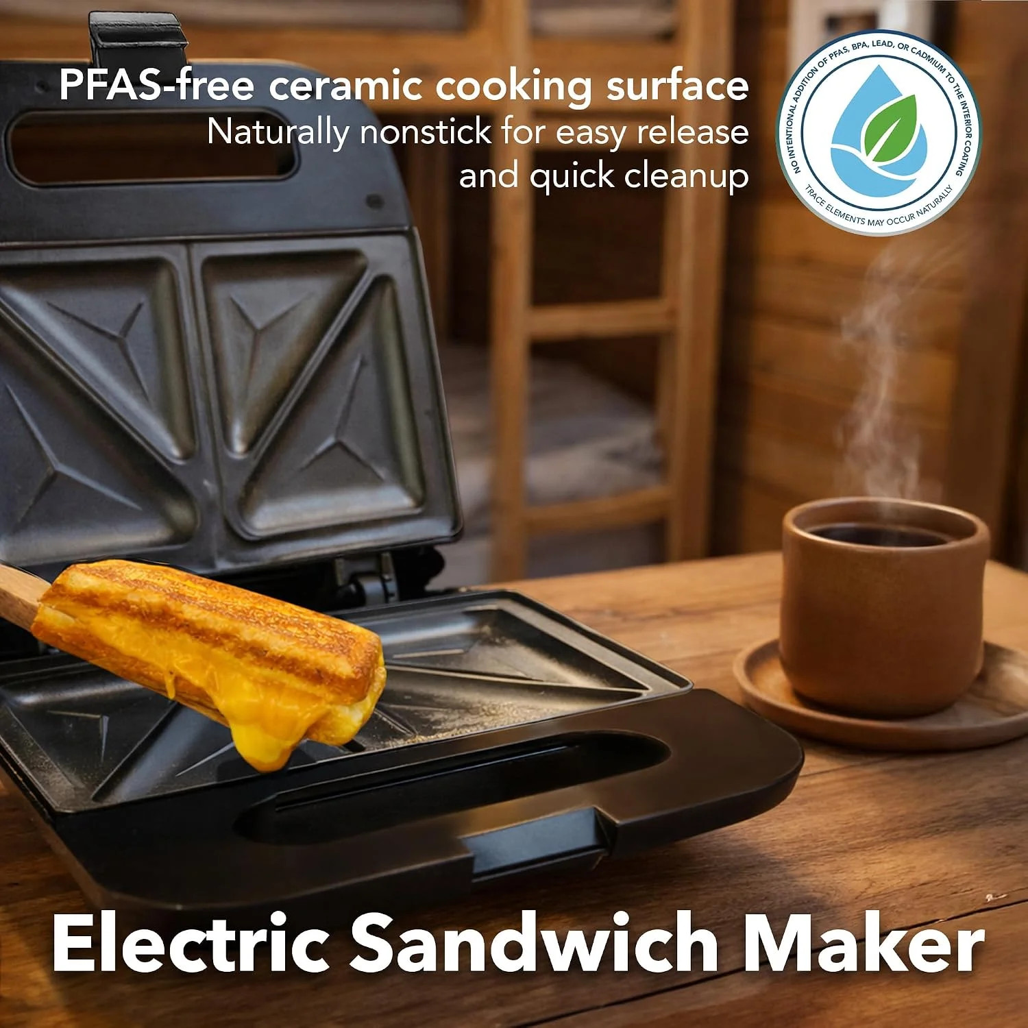 Electric Sandwich Maker with Non-Stick Plates, Indicator Lights, Cool Tou
