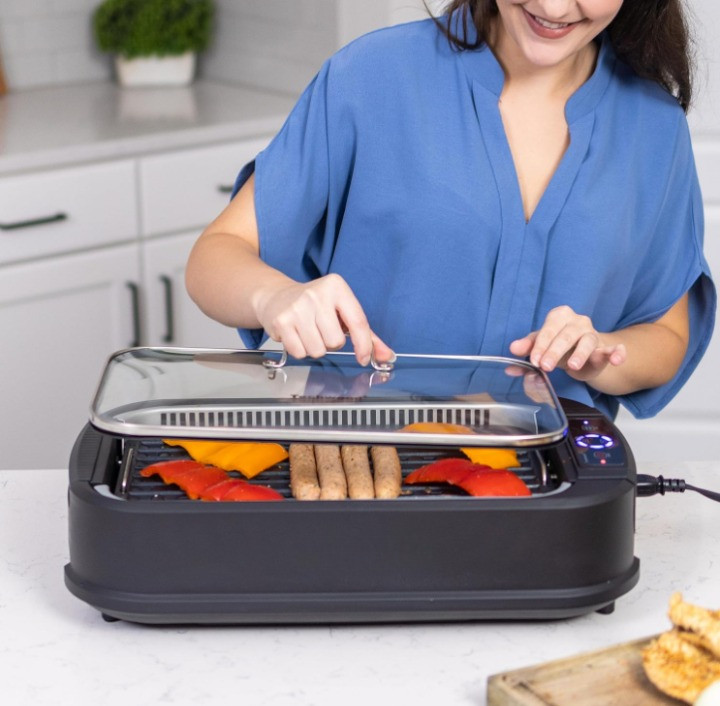 Grill eléctrico interior 1500W sin humo antiadherente con tapa vidrio y control