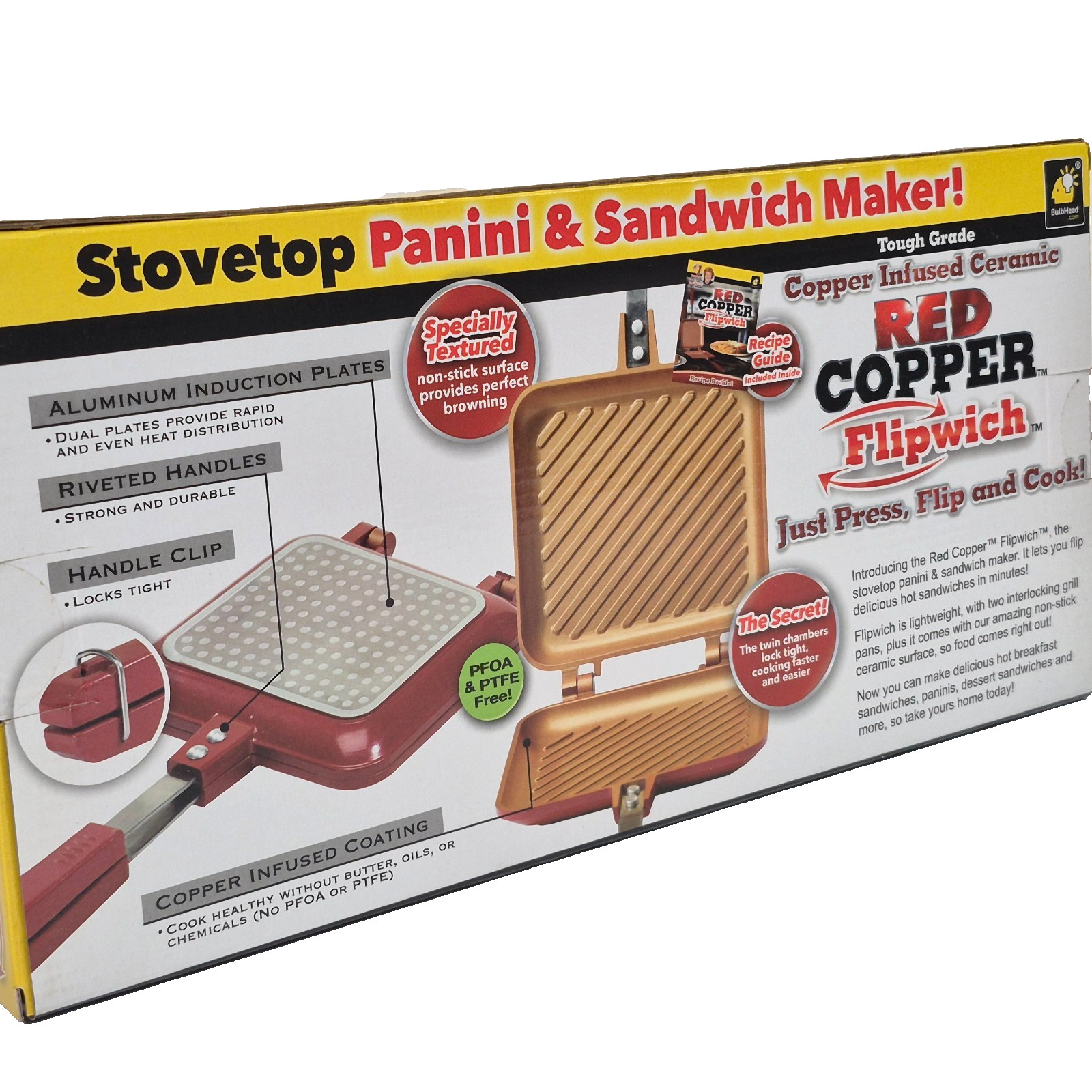 New open box Red Copper Flipwich Non-Stick Stovetop Panini & Sandwich Maker