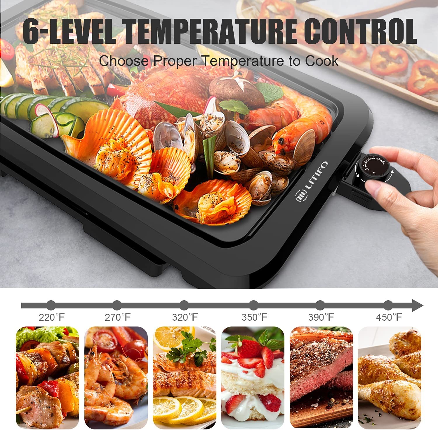 LITIFO Electric Griddle Indoor, 1450W Nonstick Extra Large BBQ Griddle Pan